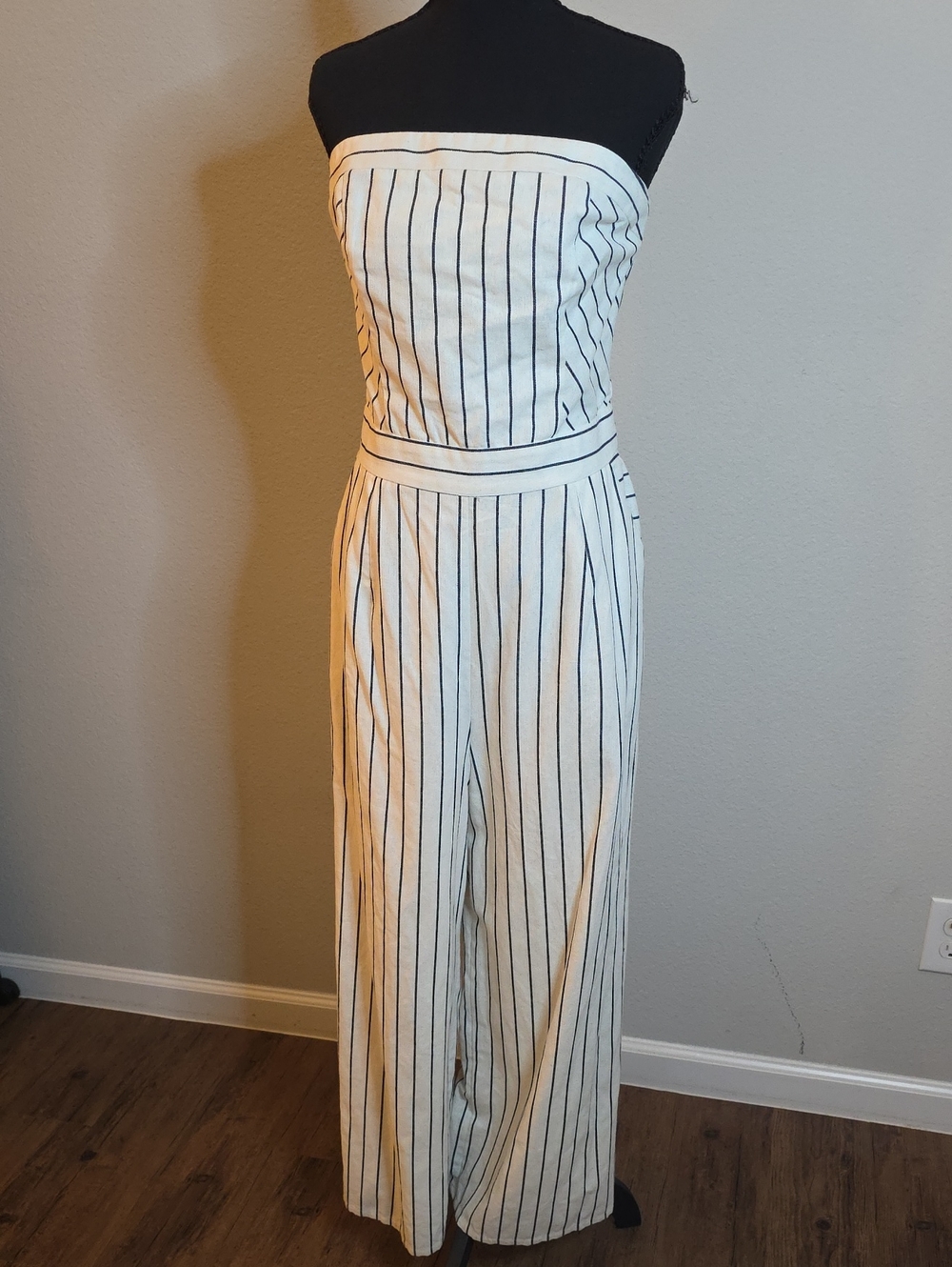 Sugarlips White Strapless Vertical-Stripe Wide-Leg Jumpsuit
